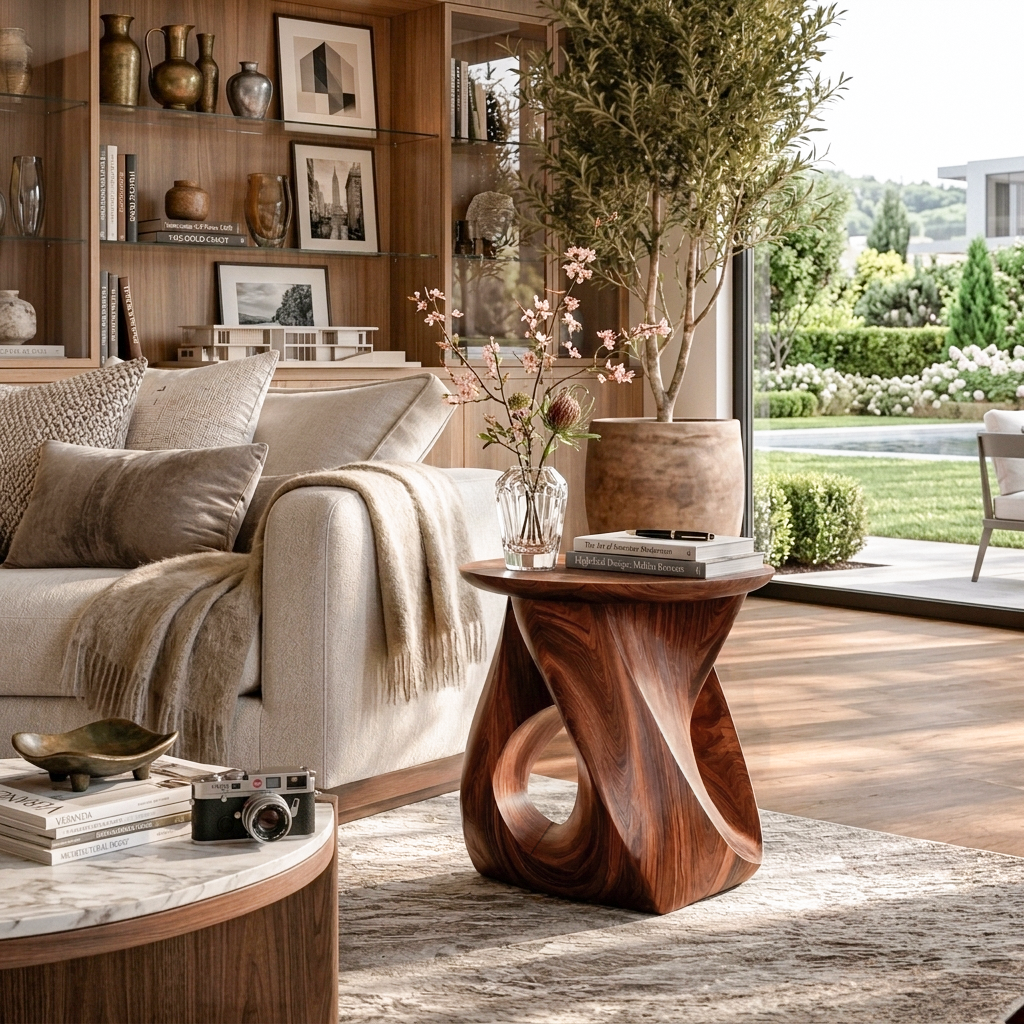 Twisted Sculptural Solid Wood Side Table for Living Room or Bedroom in Walnut finish
