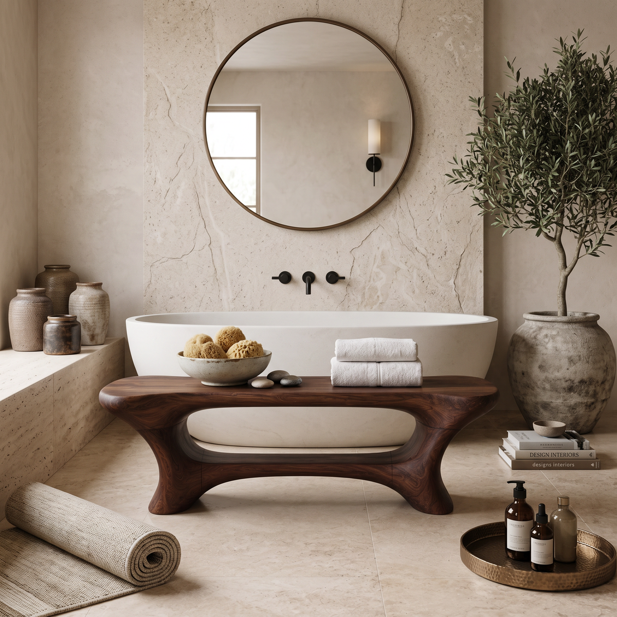 Sculpted Solid Wood Bathroom Bench with Center Shelf in Walnut finish