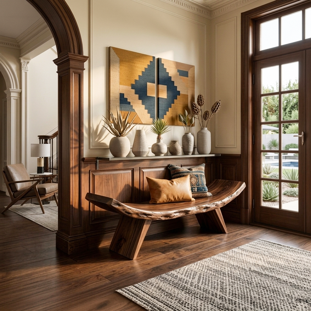 Rustic Live Edge Solid Wood Entryway Bench with Organic Curves in Walnut finish