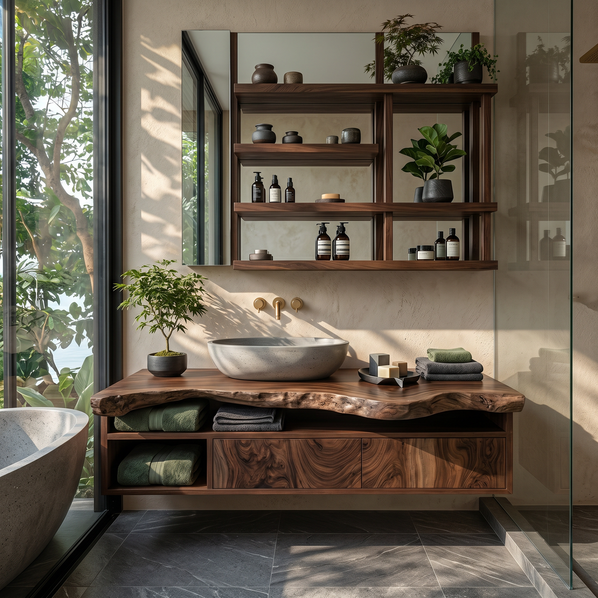 Rustic Live Edge Wall-Mounted Bathroom Vanity in Solid Wood in Walnut finish