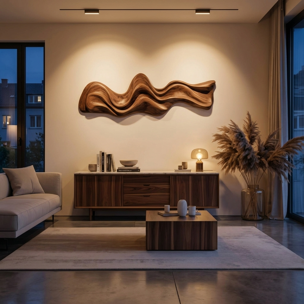 Large Wavy Solid Wood Wall Art Sculpture for Living Room in Walnut finish