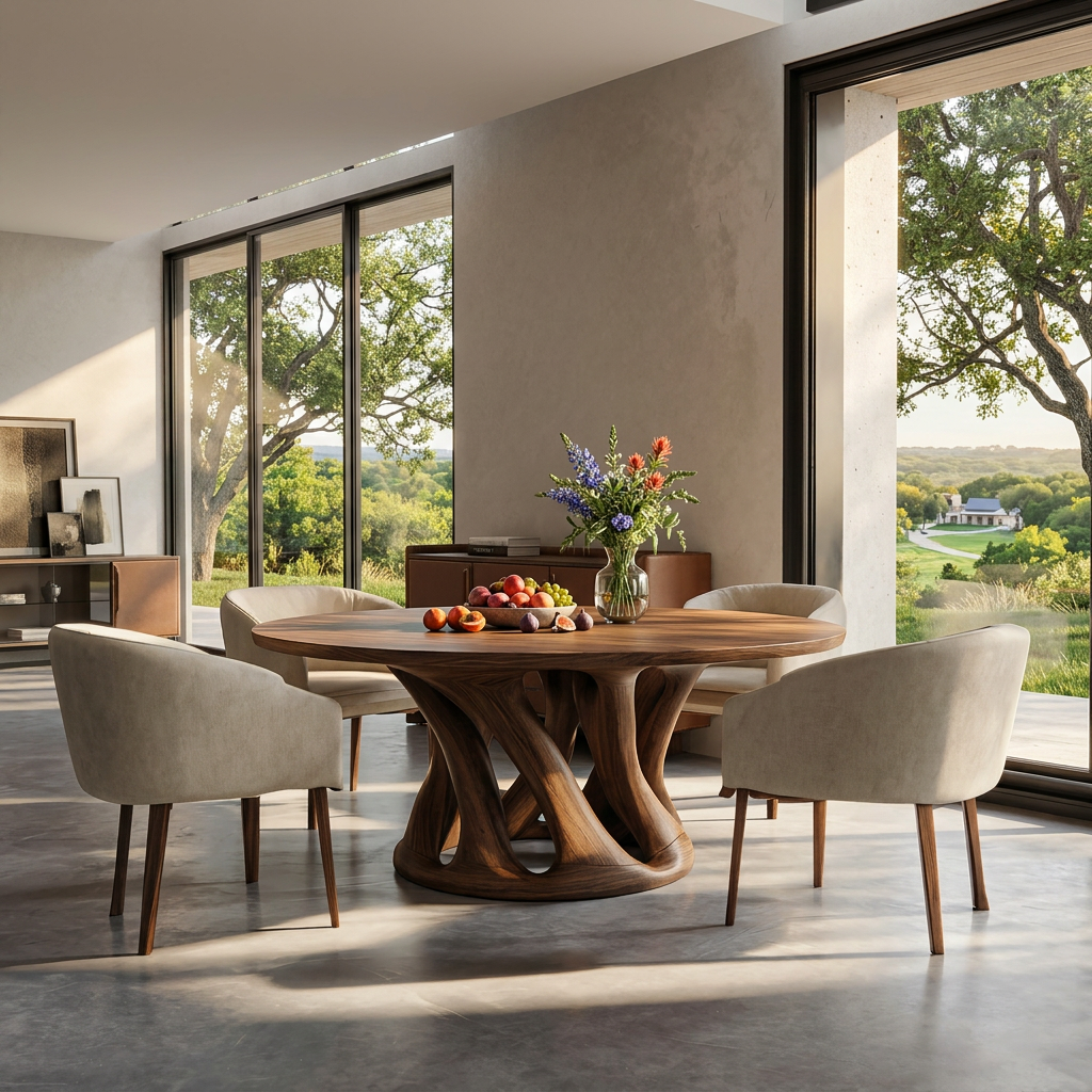 Solid Wood Round Dining Table with Intertwined Sculptural Pedestal in Walnut finish