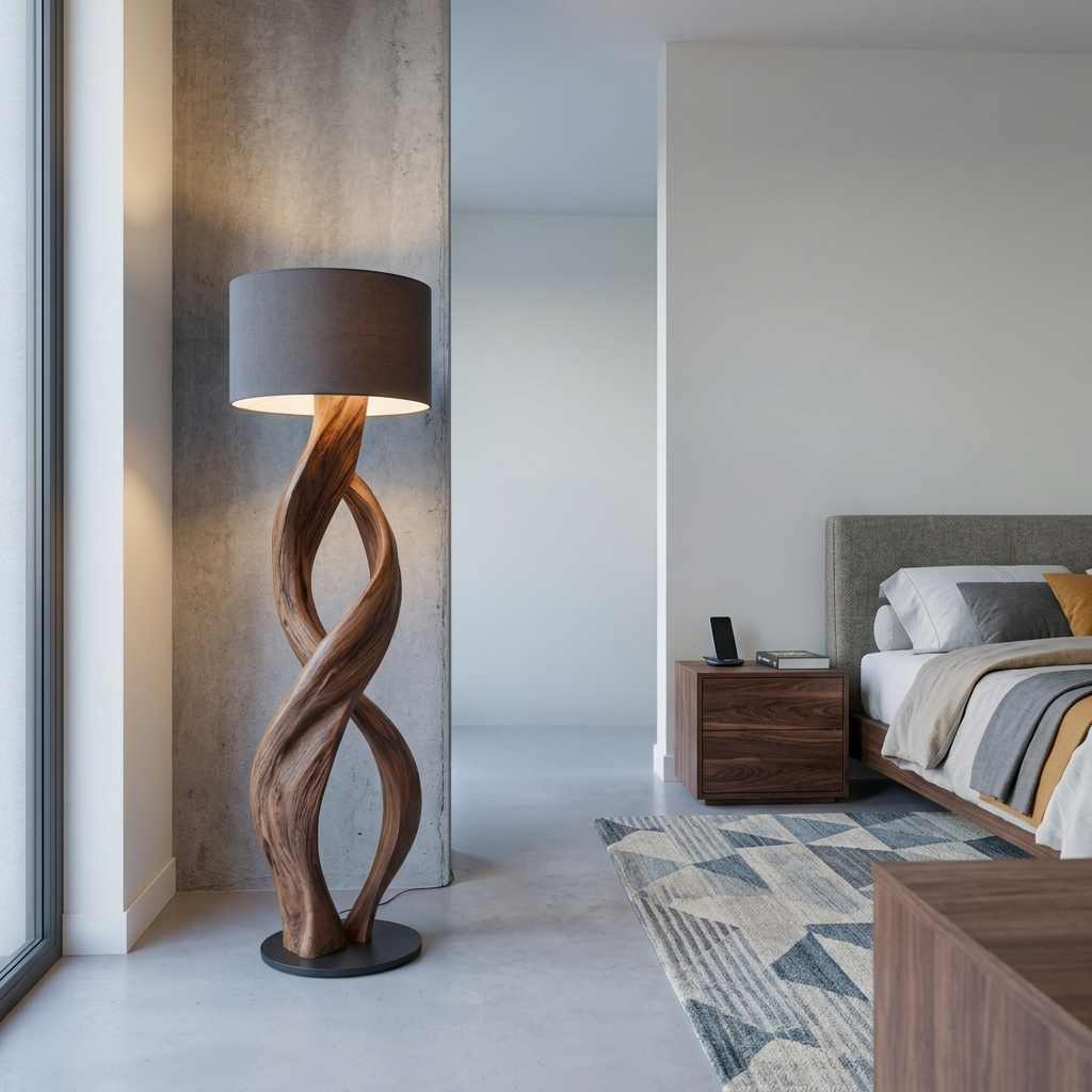 Twisted Solid Wood Sculptural Floor Lamp with Simple Shade in Walnut finish