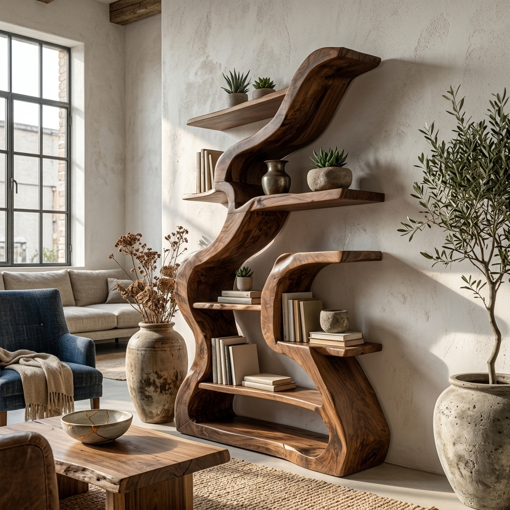 Organic Freestanding Solid Wood Bookshelf with Fluid Curves in Walnut finish