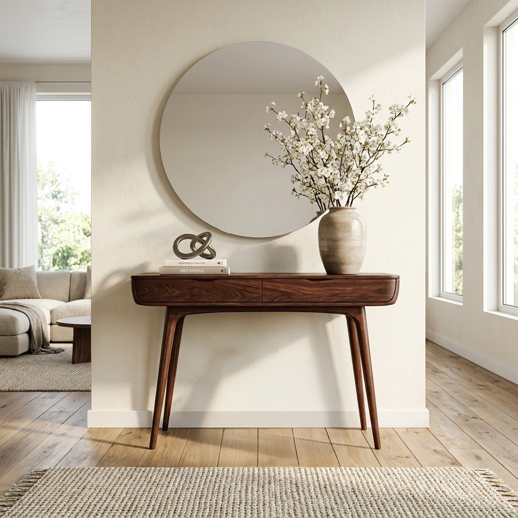 Mid-Century Solid Wood Console Table with Slim Drawer and Tapered Legs in Walnut finish