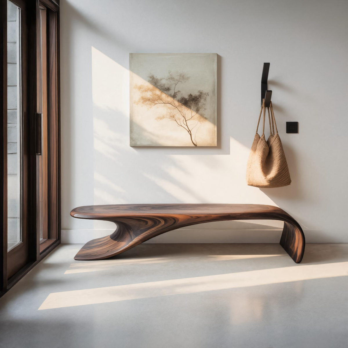 Modern Sculptural Solid Wood Bench with Flowing Curved Base in Walnut finish
