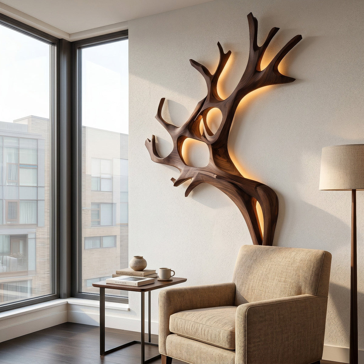 Sculptural Solid Wood Branch Wall Light with Warm Backlighting in Walnut finish