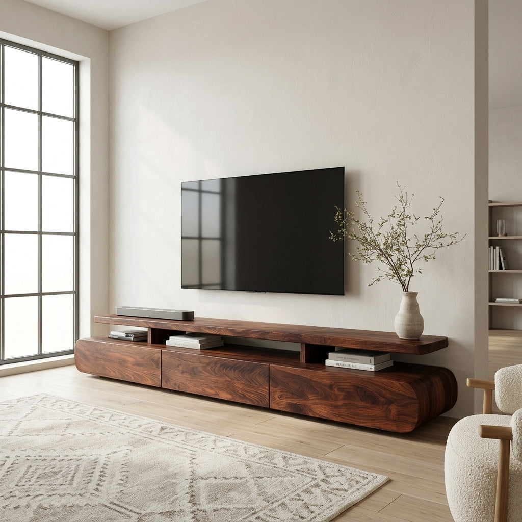 Low Profile Solid Wood TV Stand with Rounded Edges in Walnut finish