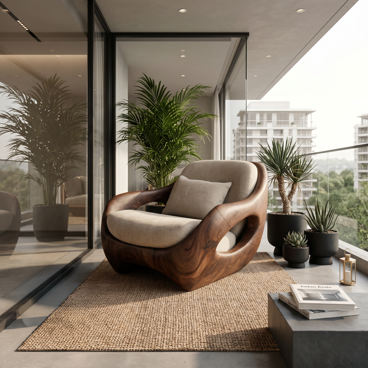 Carved Solid Wood Lounge Chair with Open Frame and Cushions in Walnut finish