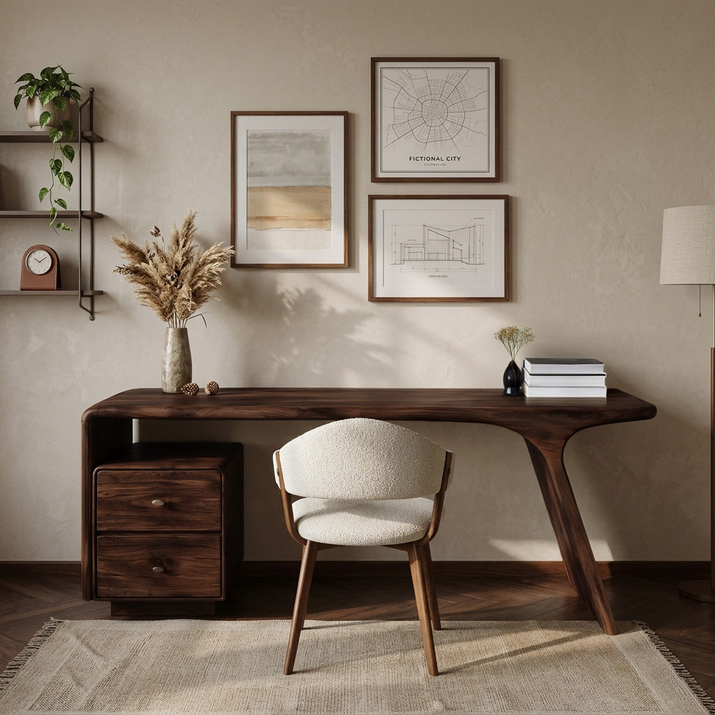 Solid Wood Desk with Drawers and Curved Sculptural Base in Walnut finish