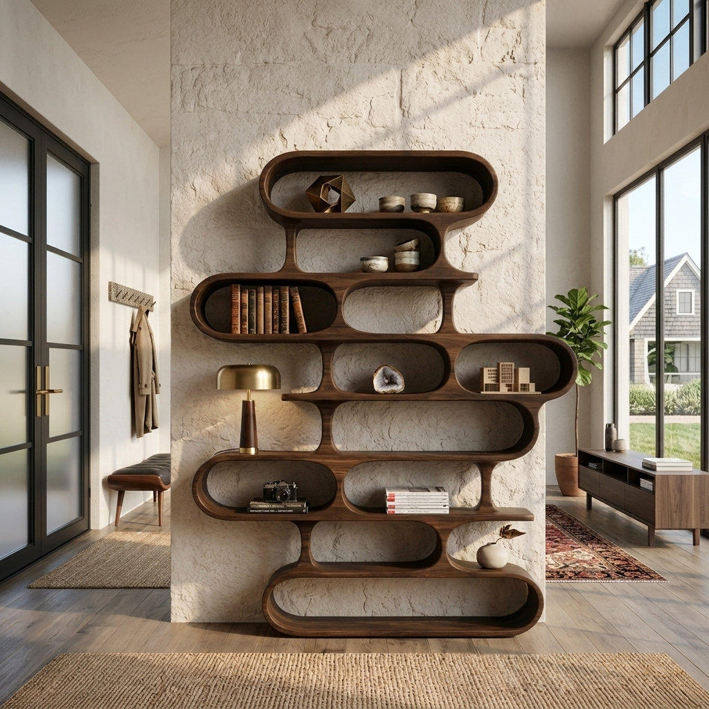 Curved Organic Solid Wood Bookshelf for Living Room or Office in Walnut finish