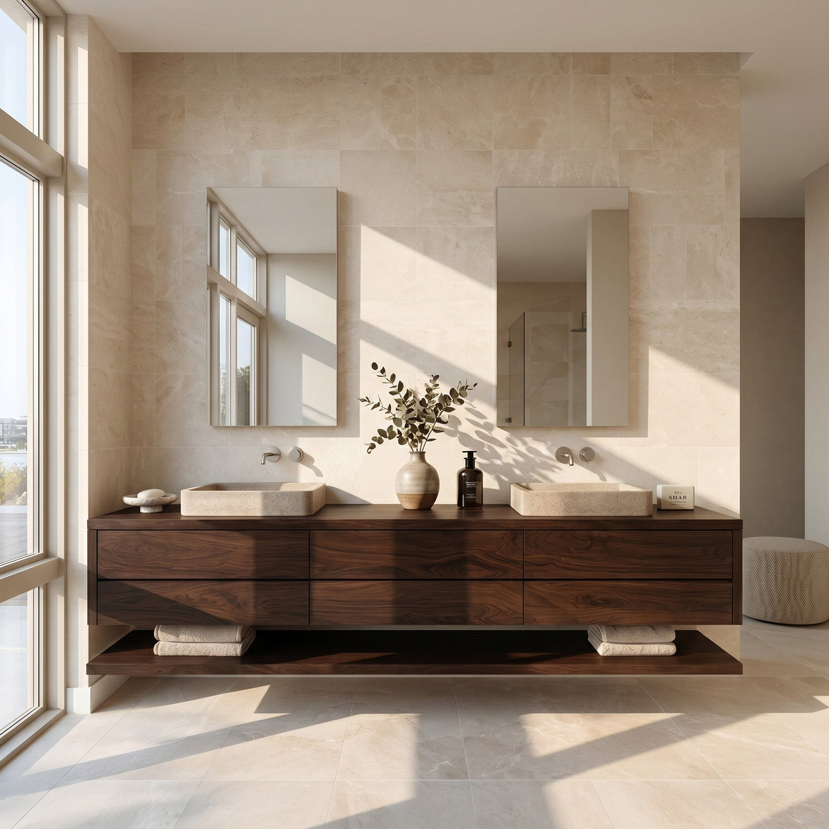 Contemporary Floating Solid Wood Bathroom Vanity with Drawers in Walnut finish