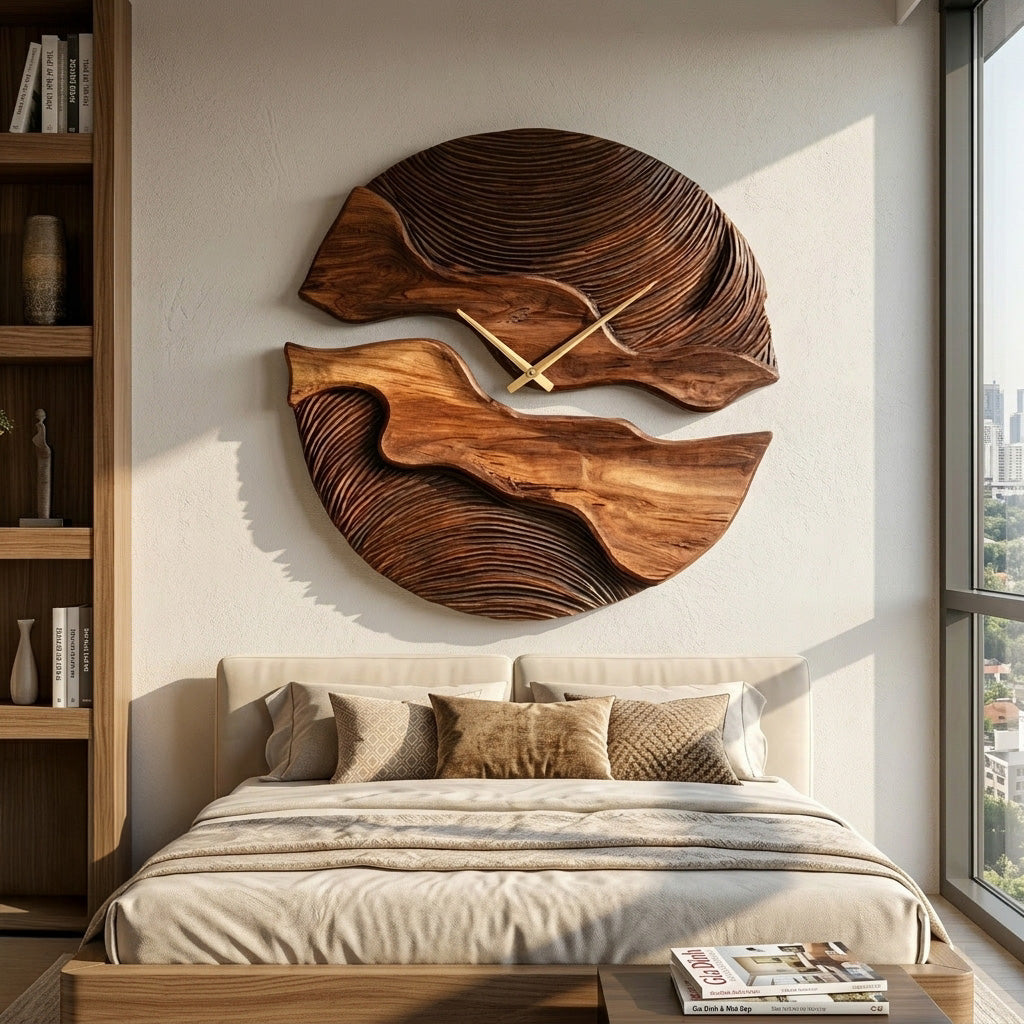 Carved Solid Wood Wall Clock with Organic Split Form - view 2