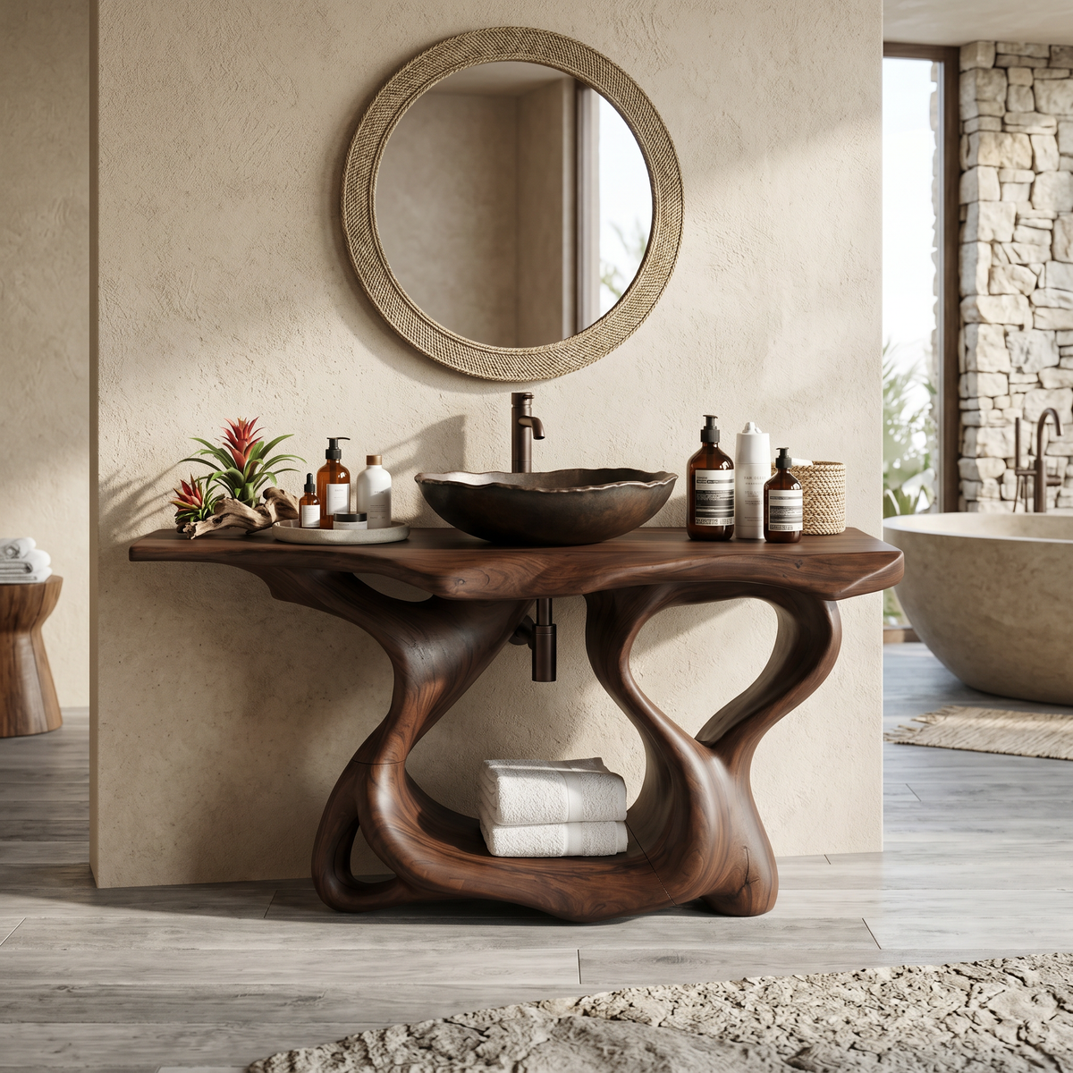 Rustic Solid Wood Bathroom Vanity with Waterproof PU Finish in Walnut finish