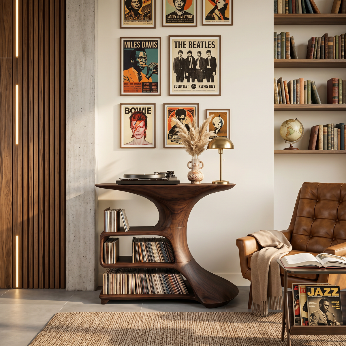 Mid-Century Hardwood Media Console and Record Stand for Bedroom in Walnut finish