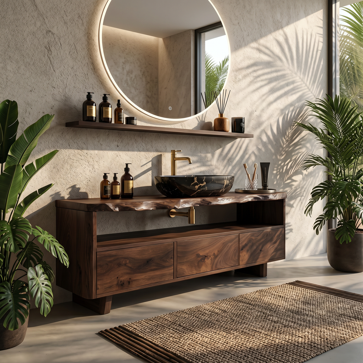Mid-Century Solid Wood Wall-Mount Bathroom Vanity, Live Edge in Walnut finish