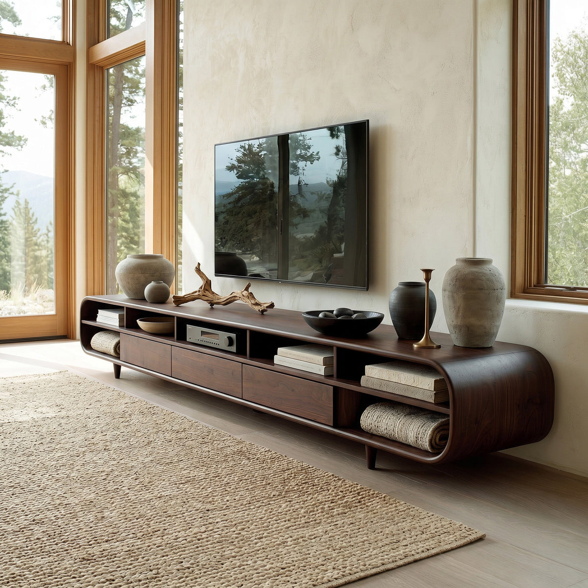 Mid-Century Solid Wood TV Cabinet with Drawers and Open Shelves in Walnut finish