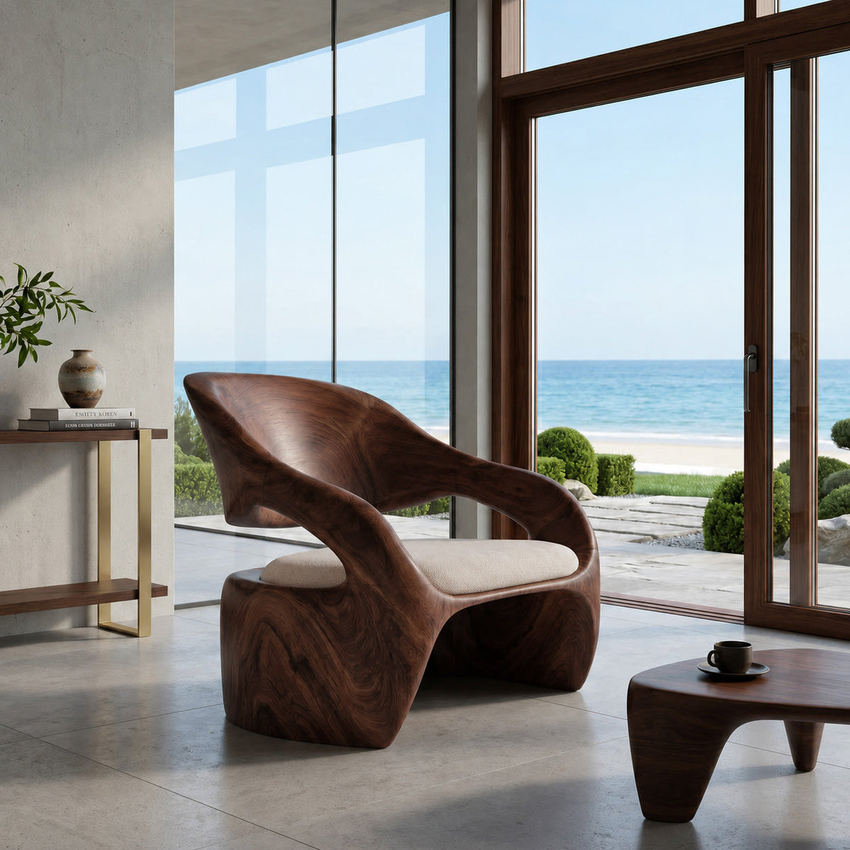 Organic Sculptural Solid Wood Lounge Chair with Wide Seat in Walnut finish