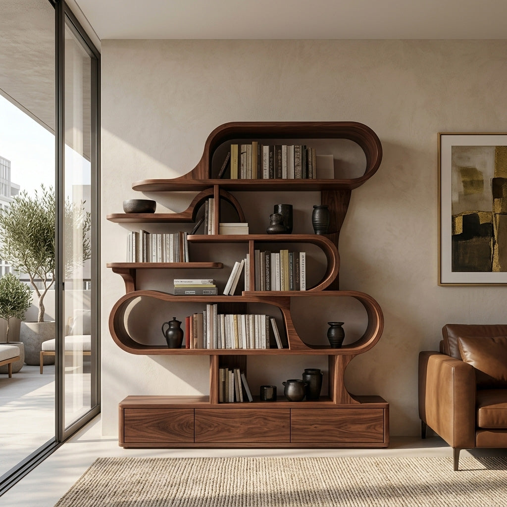 Curved Sculptural Solid Wood Bookshelf with Layered Shelves in Walnut finish