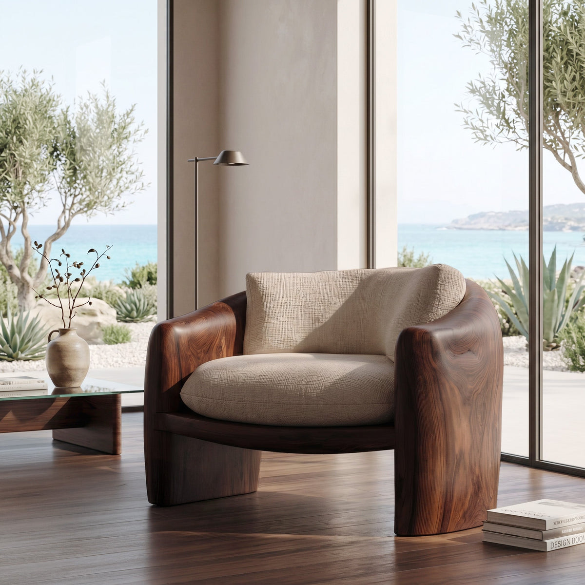 Modern Organic Wood Lounge Chair with Sculpted Frame and Cushions in Walnut finish