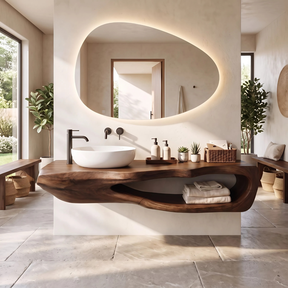Rustic Natural Wood Bathroom Vanity Shelf for Industrial Style in Walnut finish