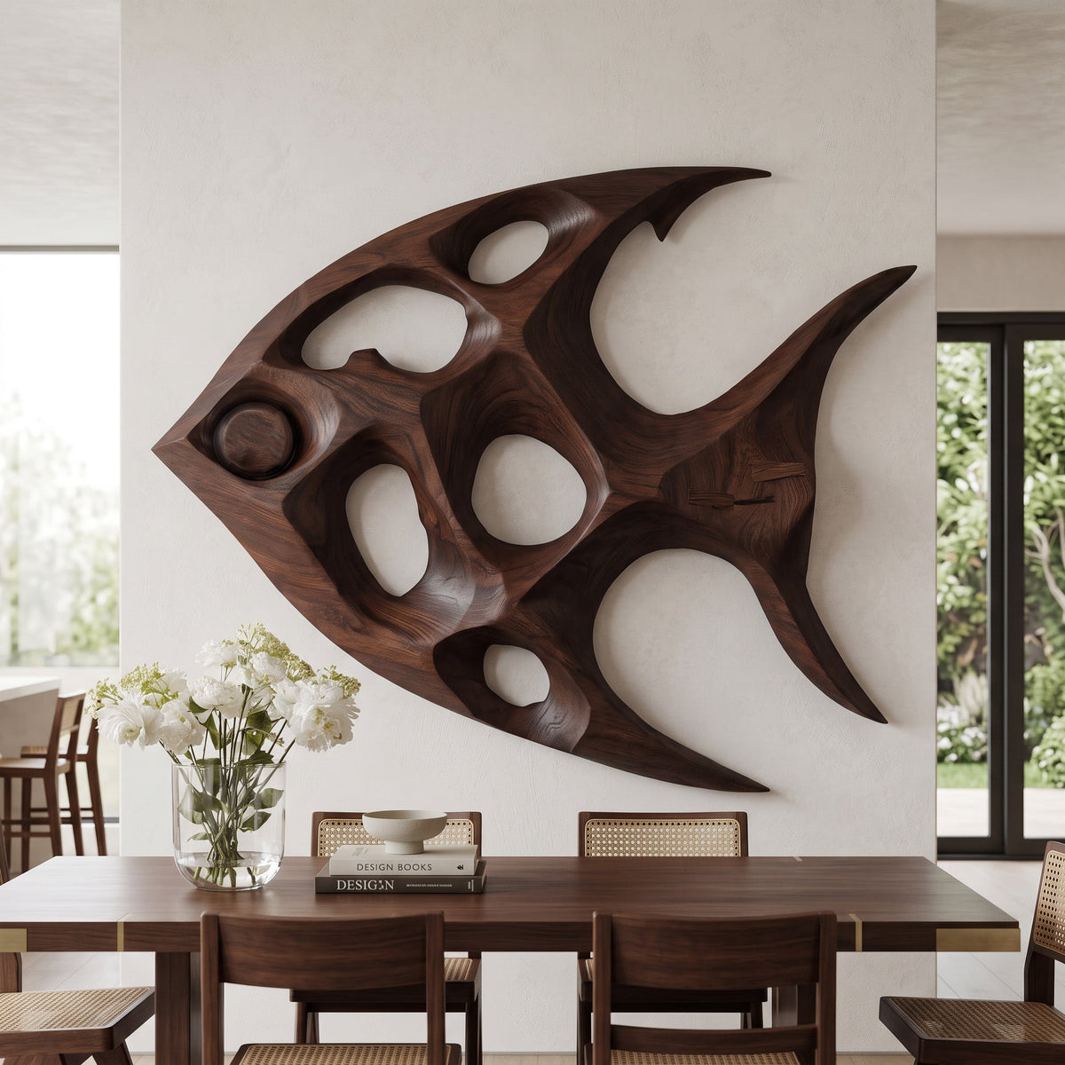Fish Inspired Sculptural Solid Wood Wall Art with Open Voids in Walnut finish