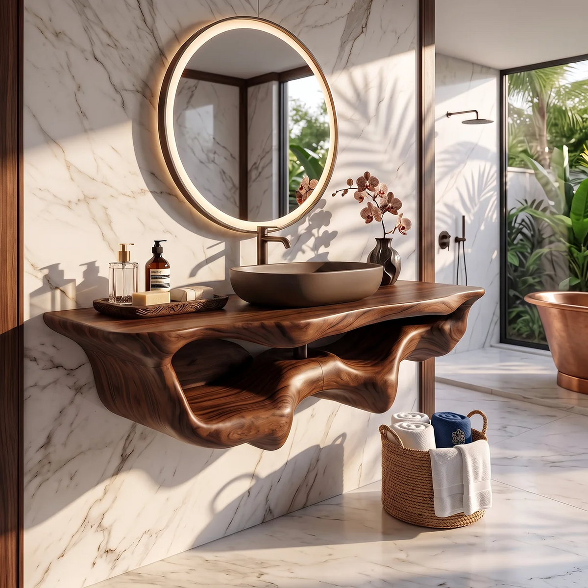 Mid-Century Live Edge Floating Bathroom Vanity Shelf in Walnut finish