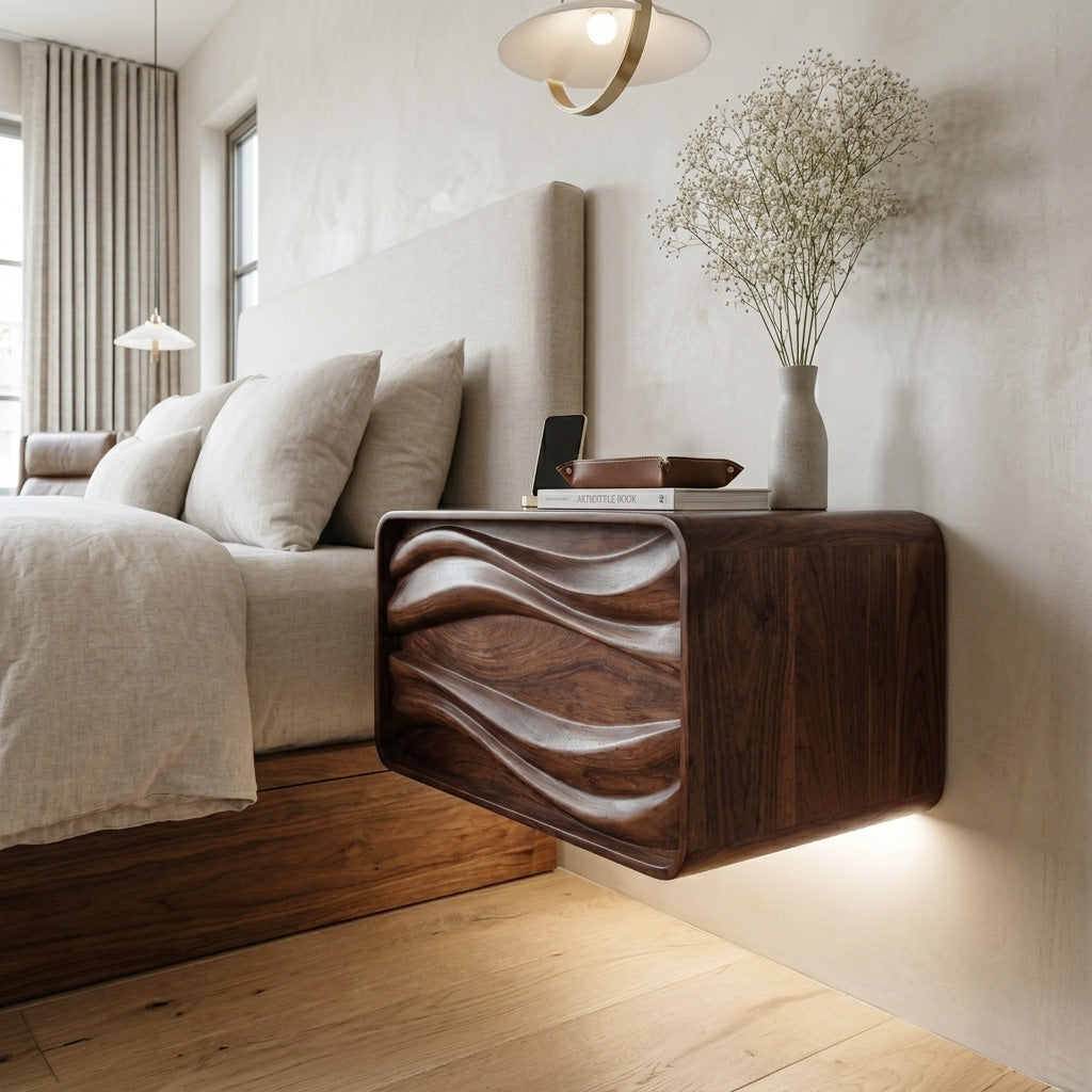 Floating Wall Mounted Nightstand with Carved Wave Drawer in Walnut finish