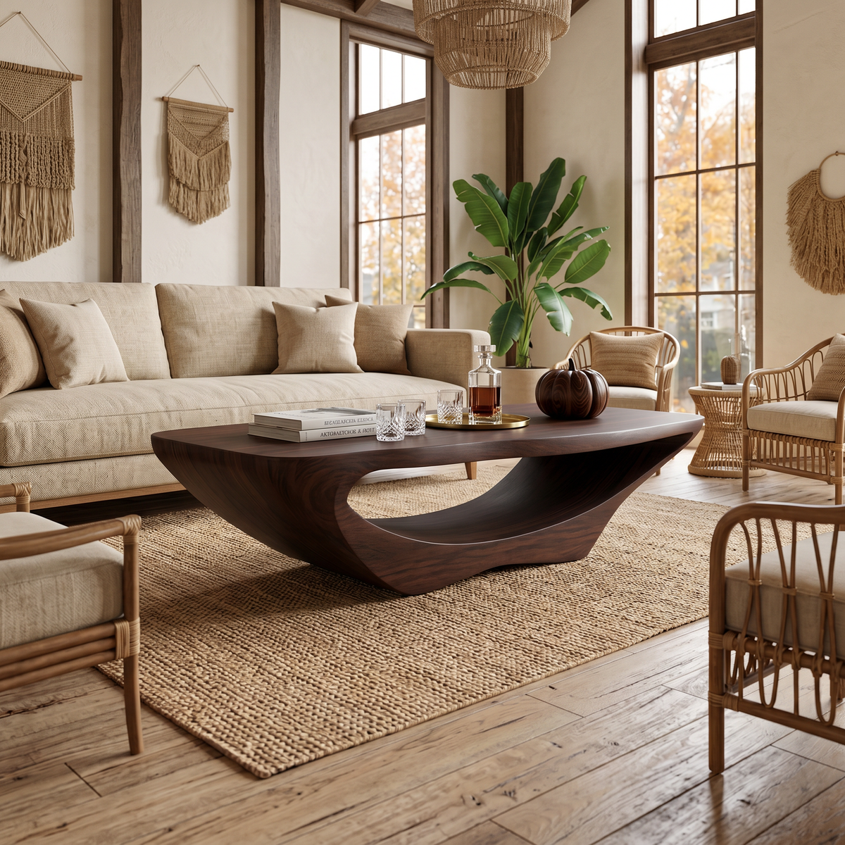 Farmhouse Live Edge Solid Wood Coffee Table with Clean Lines in Walnut finish