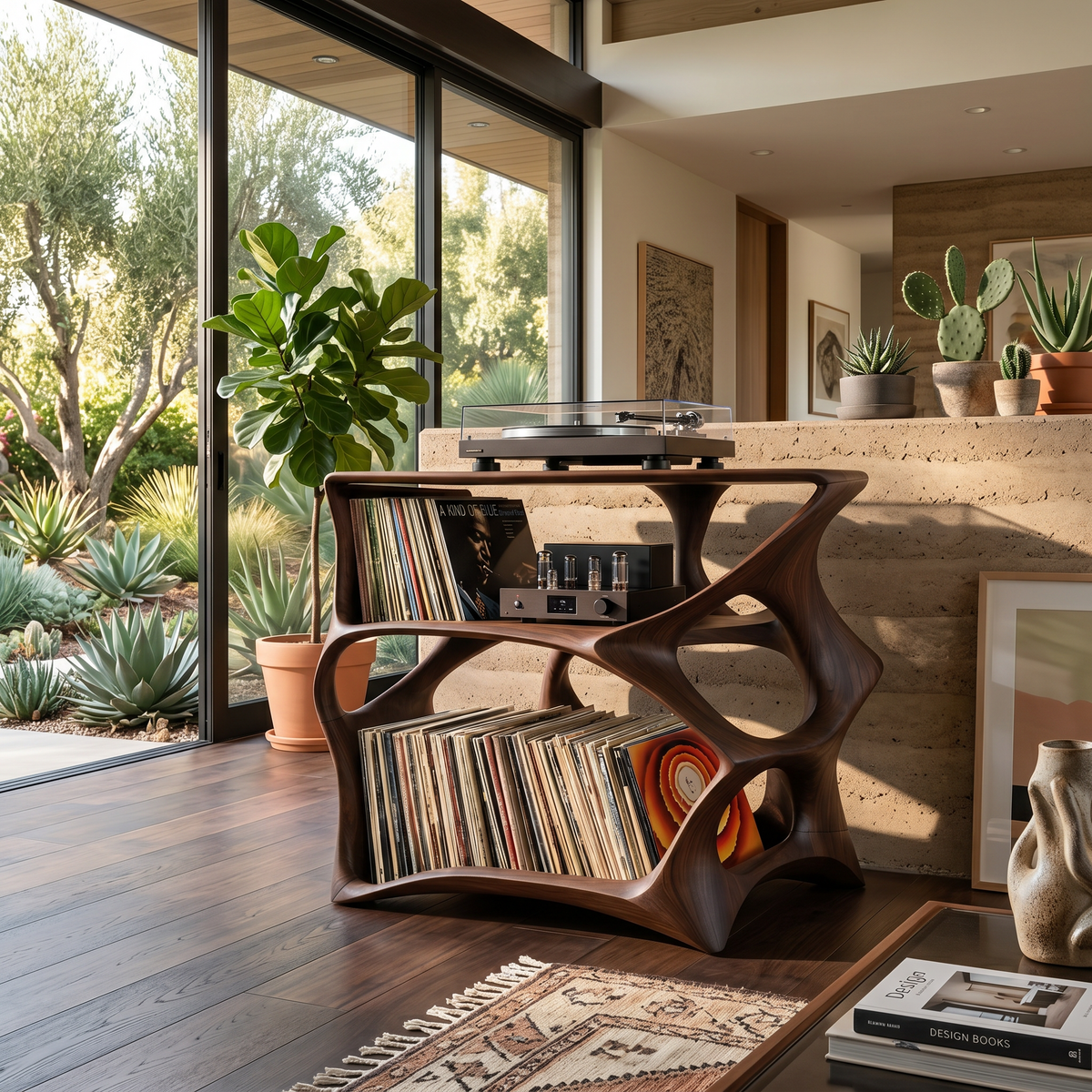 Farmhouse Natural Wood Record Stand for Cozy Living Rooms in Walnut finish