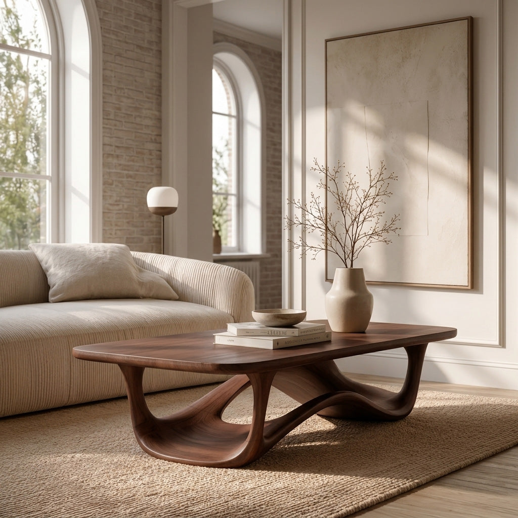 Sculptural Solid Wood Coffee Table with Curved Open Base in Walnut finish