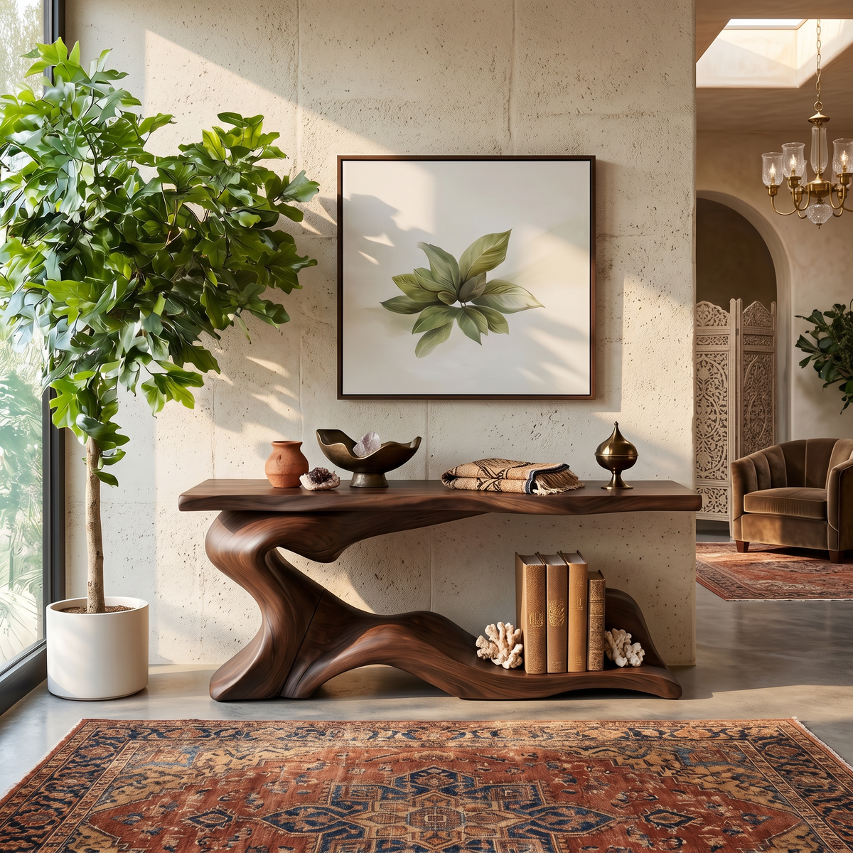 Live Edge Solid Wood Narrow Desk for Entryway or Living Room in Walnut finish