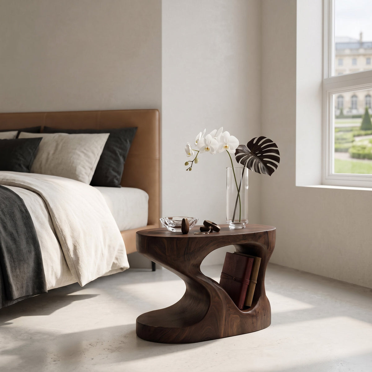 Organic Solid Wood Side Table with Open Cut-Out Center in Walnut finish