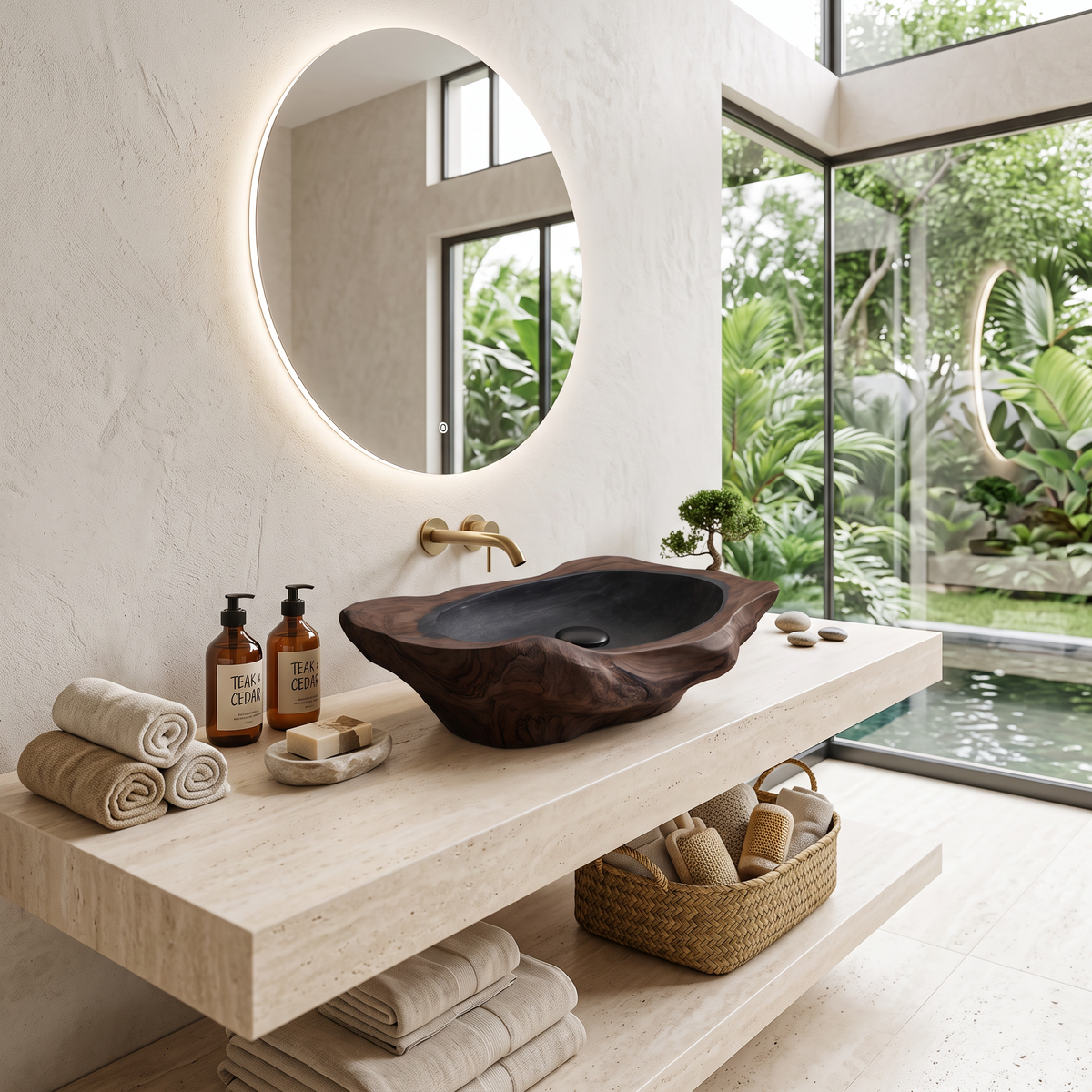 Hand-Carved Solid Hardwood Vessel Sink with Water-Resistant Seal in Walnut finish