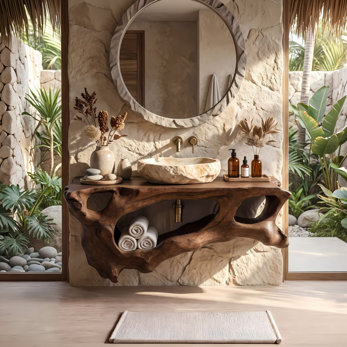 Floating Solid Wood Bathroom Vanity Shelf with Minimal Profile in Walnut finish