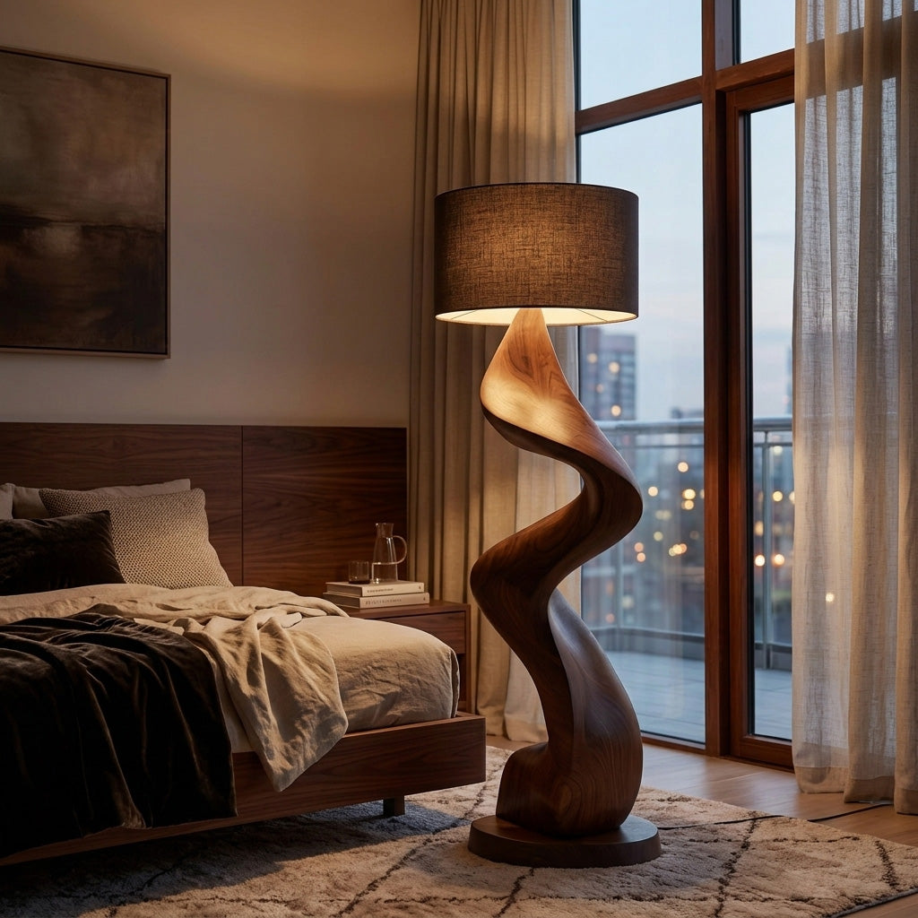 Sculptural Twisted Solid Wood Floor Lamp with Fabric Shade in Walnut finish