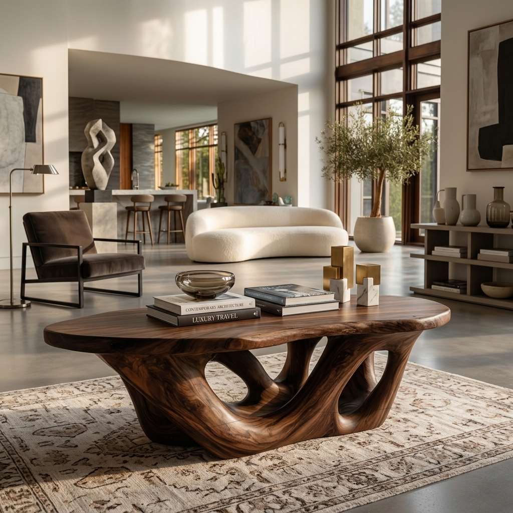 Solid Wood Sculptural Coffee Table with Open Loop Base in Walnut finish