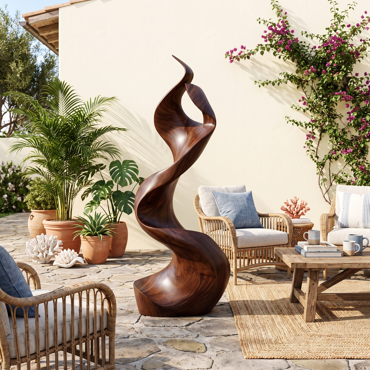 Large Solid Wood Abstract Sculpture with Flame-Inspired Curves in Walnut finish