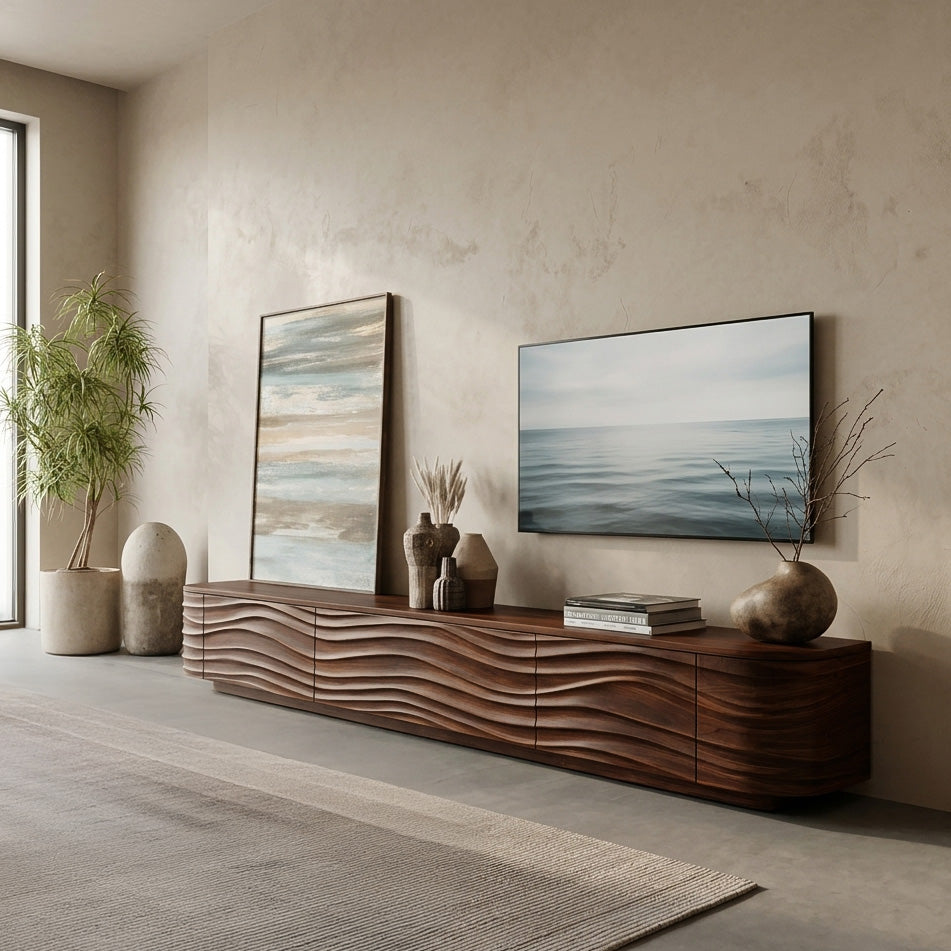 Low Solid Wood TV Stand with Carved Wave Front Doors in Walnut finish