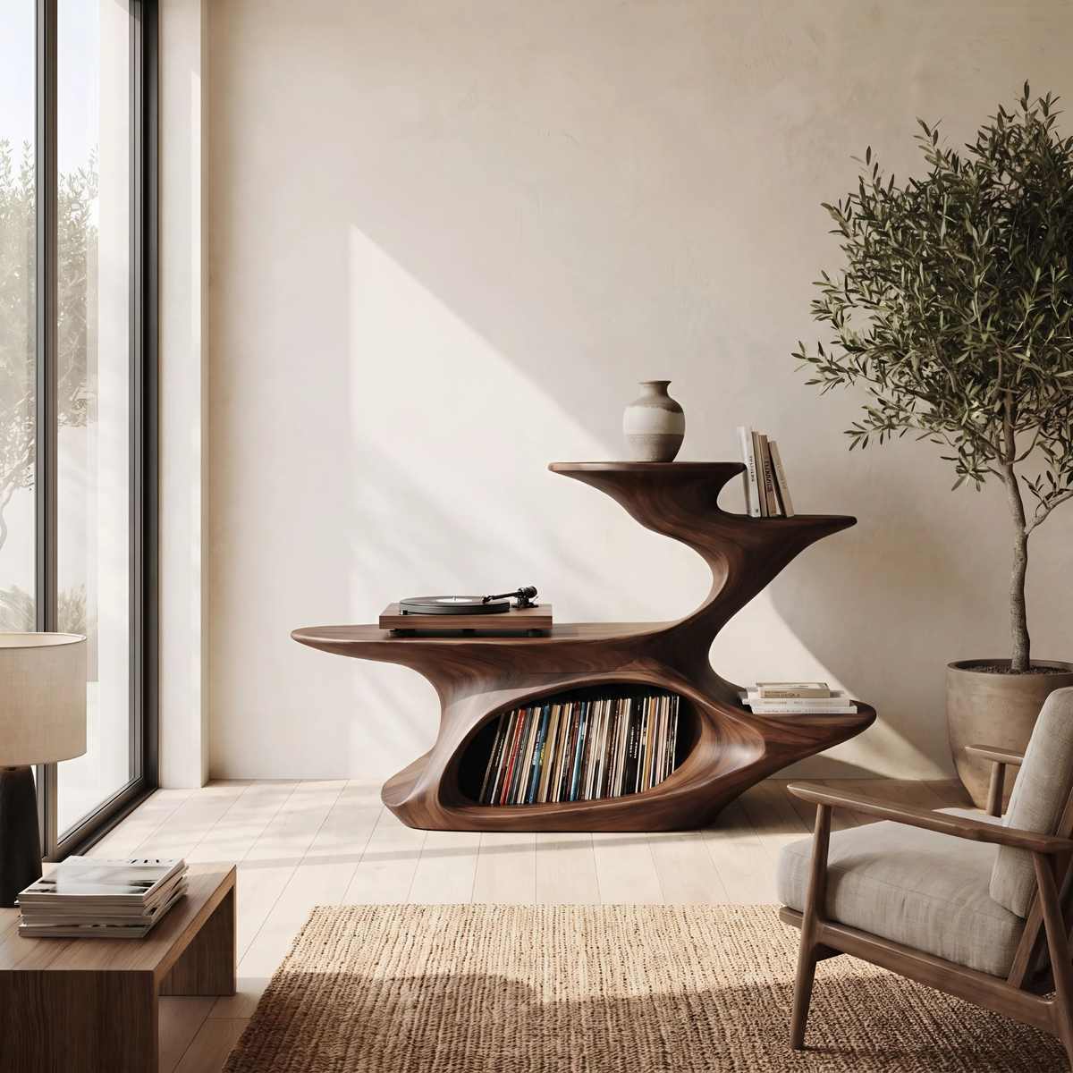 Live Edge Solid Wood Record Player Stand for Vinyl Collection in Walnut finish