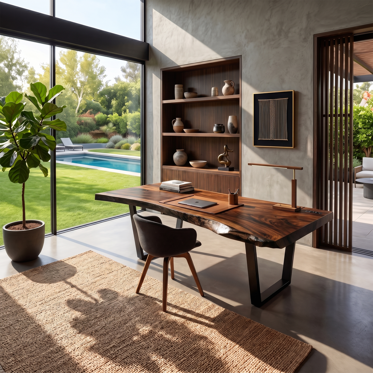 Monkey Pod Solid Wood Desk with Live Edge Top in Walnut finish