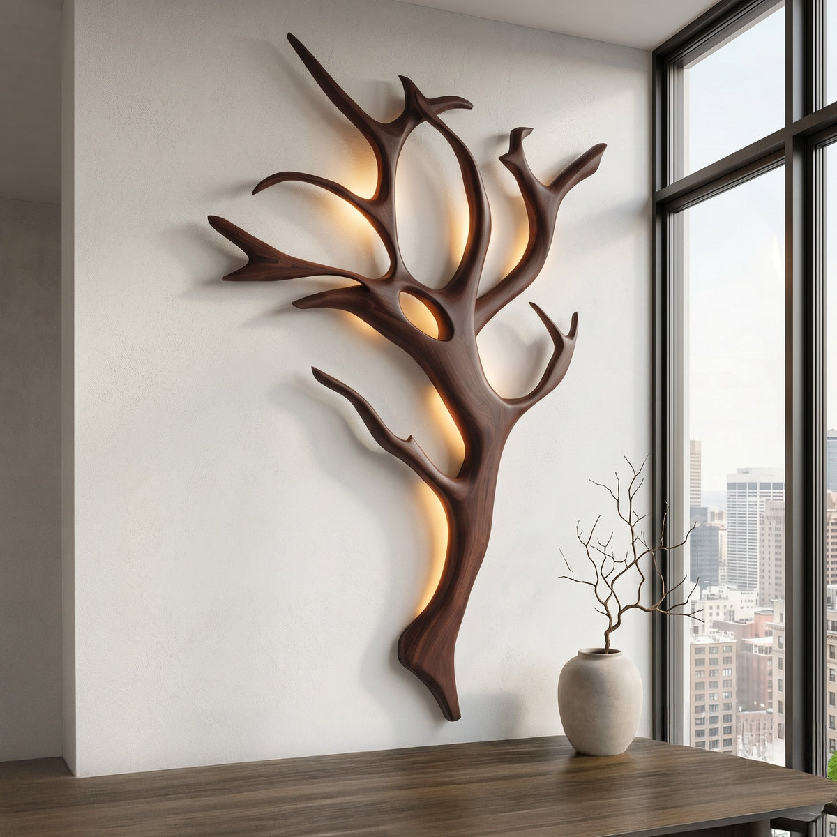 Handcrafted Wood Tree Branch Wall Lamp with Integrated Lighting in Walnut finish