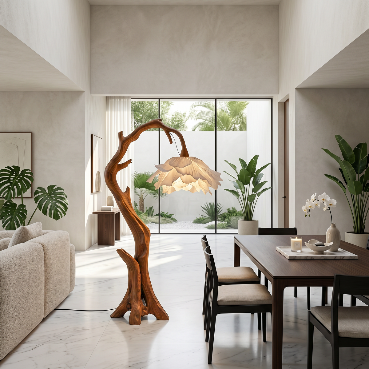 Flower Floor Lamp with Handcrafted Solid Wood Base in Brown finish