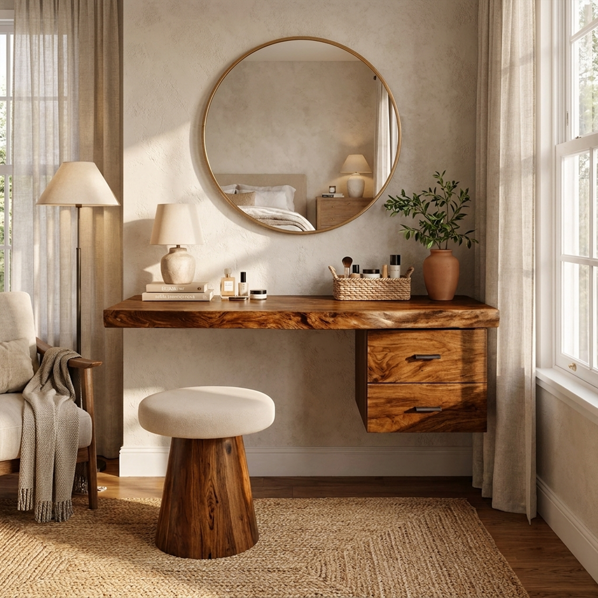 Floating Solid Wood Dressing Table with Drawer for Bedroom in Brown finish