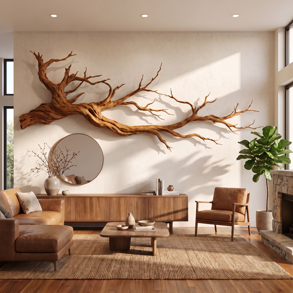 Abstract Tree Root Solid Wood Wall Sculpture, 3D Wall Art in Brown finish