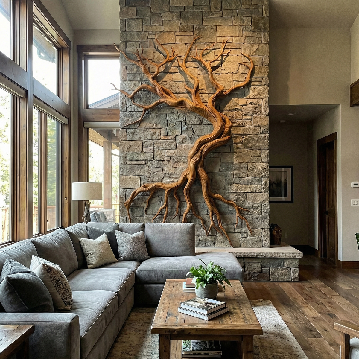 Modern Tree Branch Wood Wall Sculpture for Living Room in Brown finish