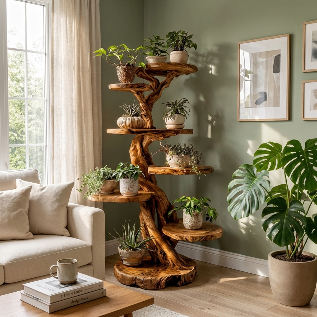 Rustic Solid Wood Tree Plant Shelf with Branch Display Surfaces in Brown finish