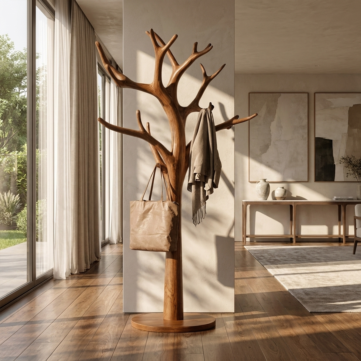 Rustic Driftwood Tree Coat Rack for Entryway and Mudroom in Brown finish