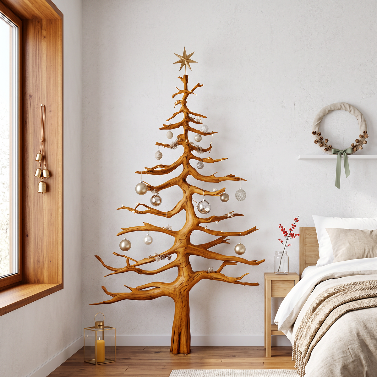 Rustic Pine Tree Wall Shelf with Carved Wood Branches in Brown finish