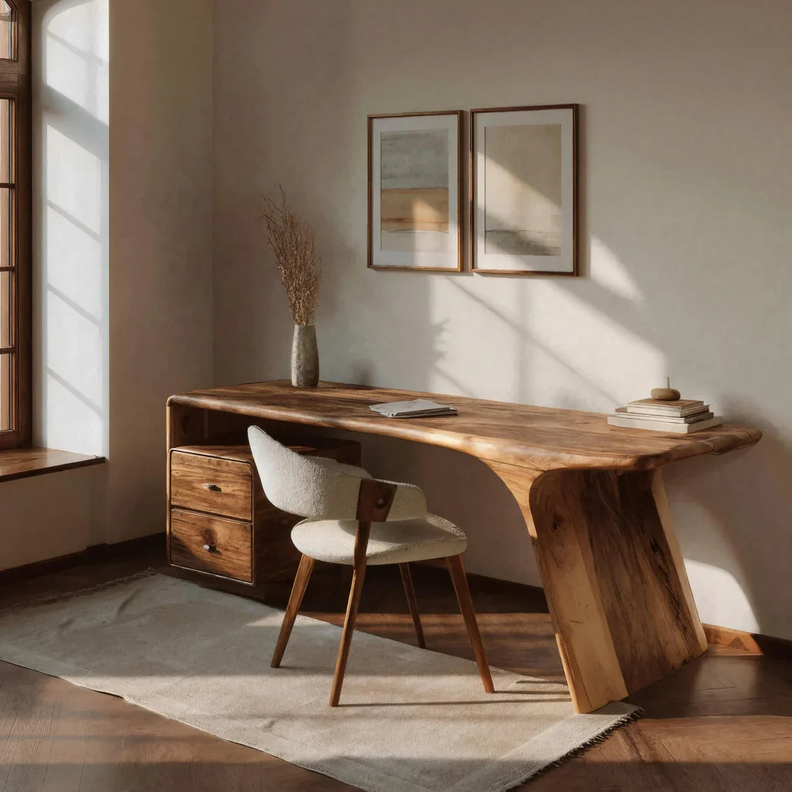 Solid Wood Desk with Drawers and Curved Sculptural Base in Brown finish